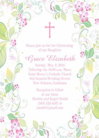 SIMPLE CROSS AND PASTEL FLORAL BORDER CUSTOM INVITATION