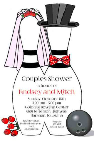 BRIDE AND GROOM BOWLING PINS CUSTOM INVITATION