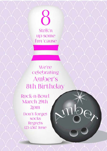 PINK BOWLING PIN CUSTOM INVITATION