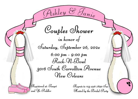 BRIDE AND BRIDE BOWLING PINS CUSTOM INVITATION