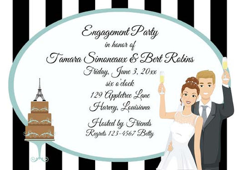 TOASTING COUPLE AND EIFFEL TOWER CAKE CUSTOM INVITATION