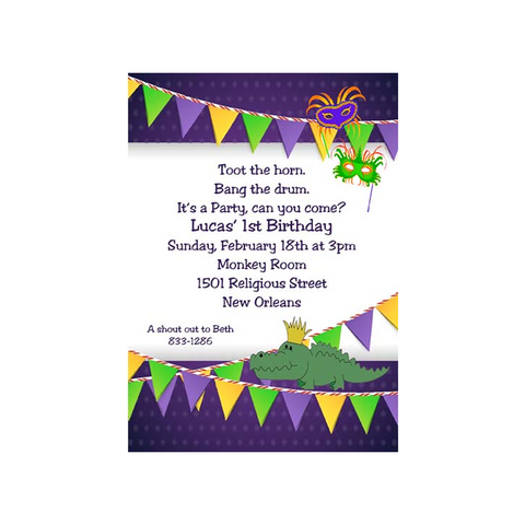 ALLIGATOR AND MARDI GRAS BANNER FLAGS CUSTOM INVITATION