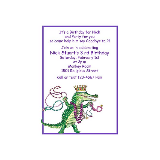 ALLIGATOR WITH MARDI GRAS BEADS CUSTOM INVITATION