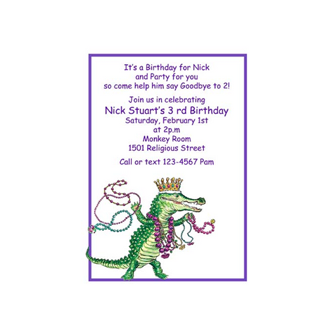 ALLIGATOR WITH MARDI GRAS BEADS CUSTOM INVITATION