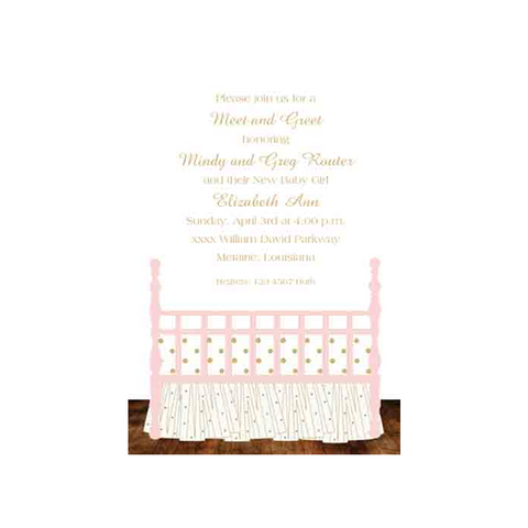 BABY BED GOLD AND PINK CUSTOM INVITATION