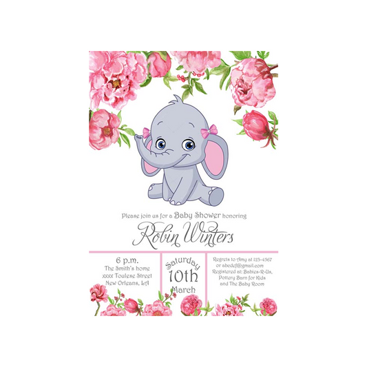 BABY ELEPHANT AND FLOWERS CUSTOM INVITATION