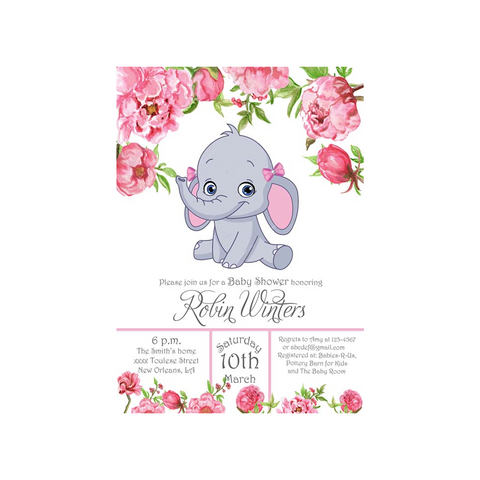 BABY ELEPHANT AND FLOWERS CUSTOM INVITATION