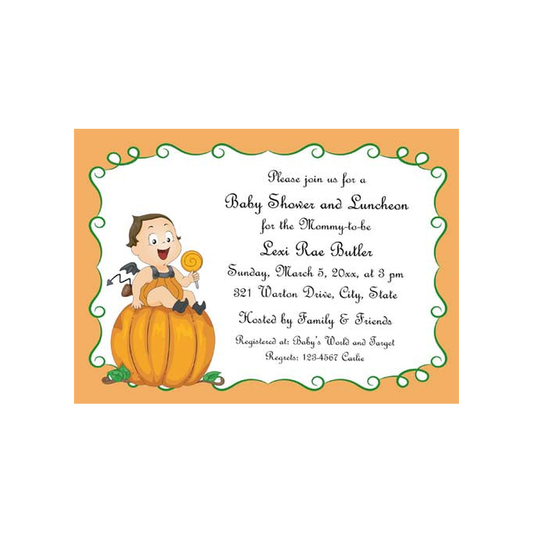 BABY IN COSTUME ON PUMPKIN CUSTOM INVITATION