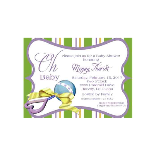BABY RATTLE WITH BOW CUSTOM INVITATION