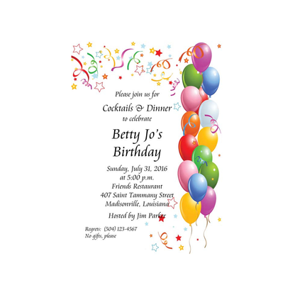 BALLOONS AND CONFETTI BIRTHDAY CUSTOM INVITATION