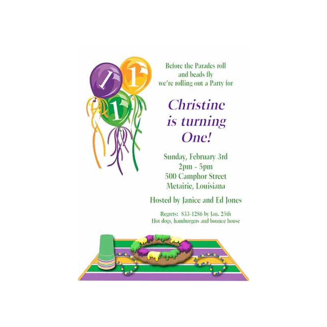 BALLOONS AND KING CAKE CUSTOM INVITATION