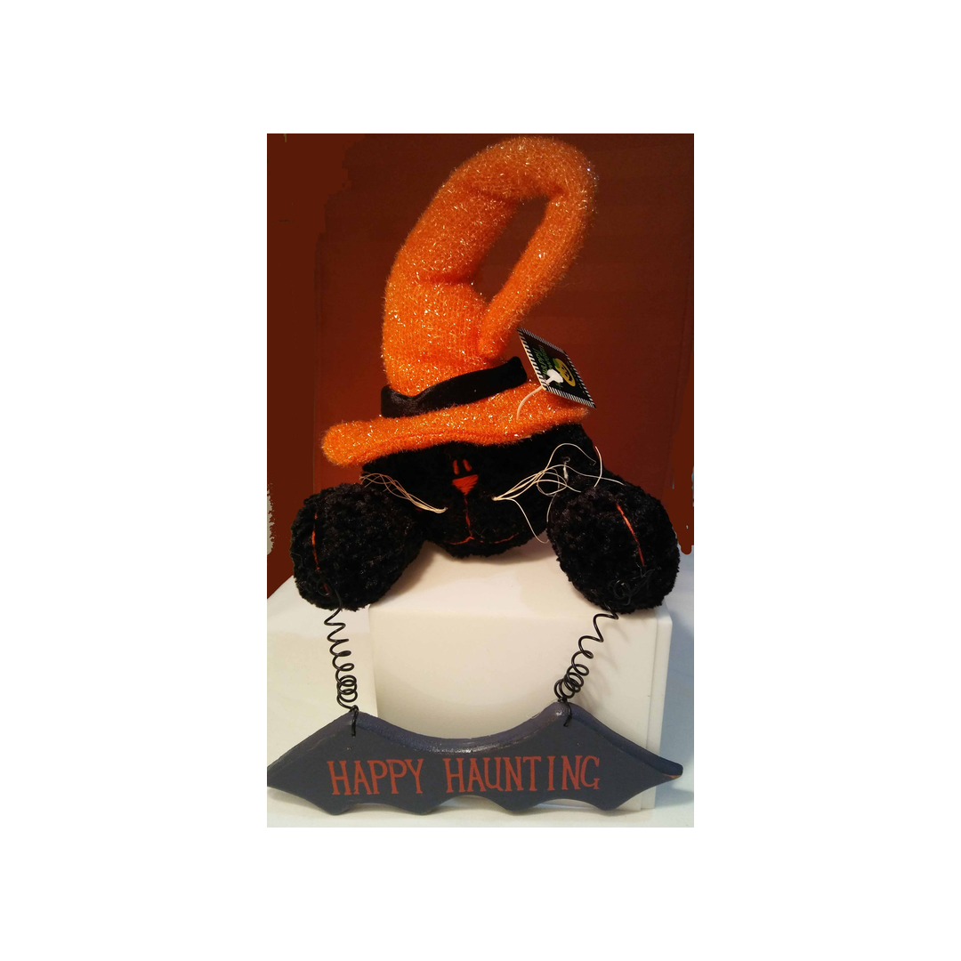 BLACK CAT WITH ORANGE HAT DOOR HANGER