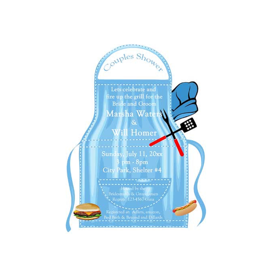 BLUE BBQ APRON AND UTENSILS CUSTOM INVITATION