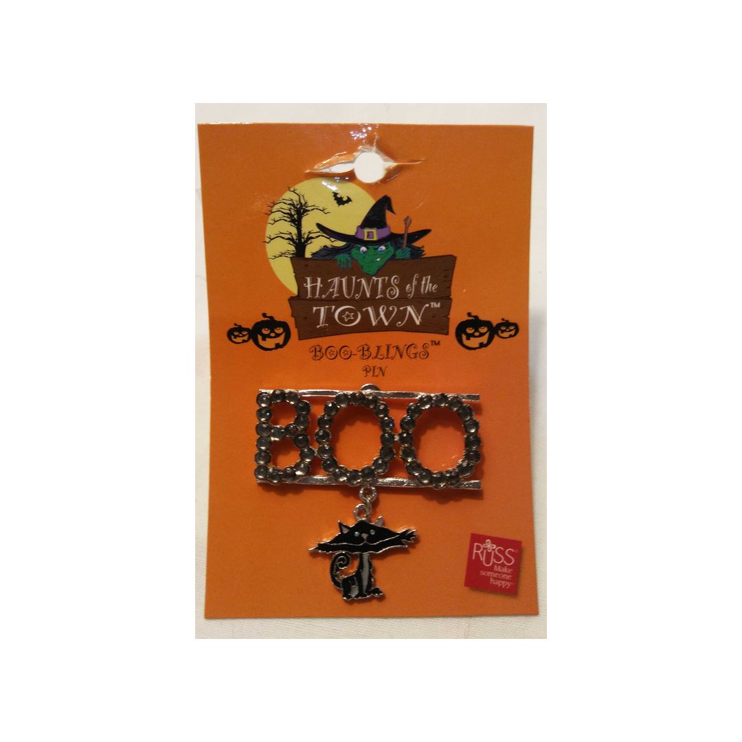 BOO RHINESTONE PIN/BROOCH WITH CAT