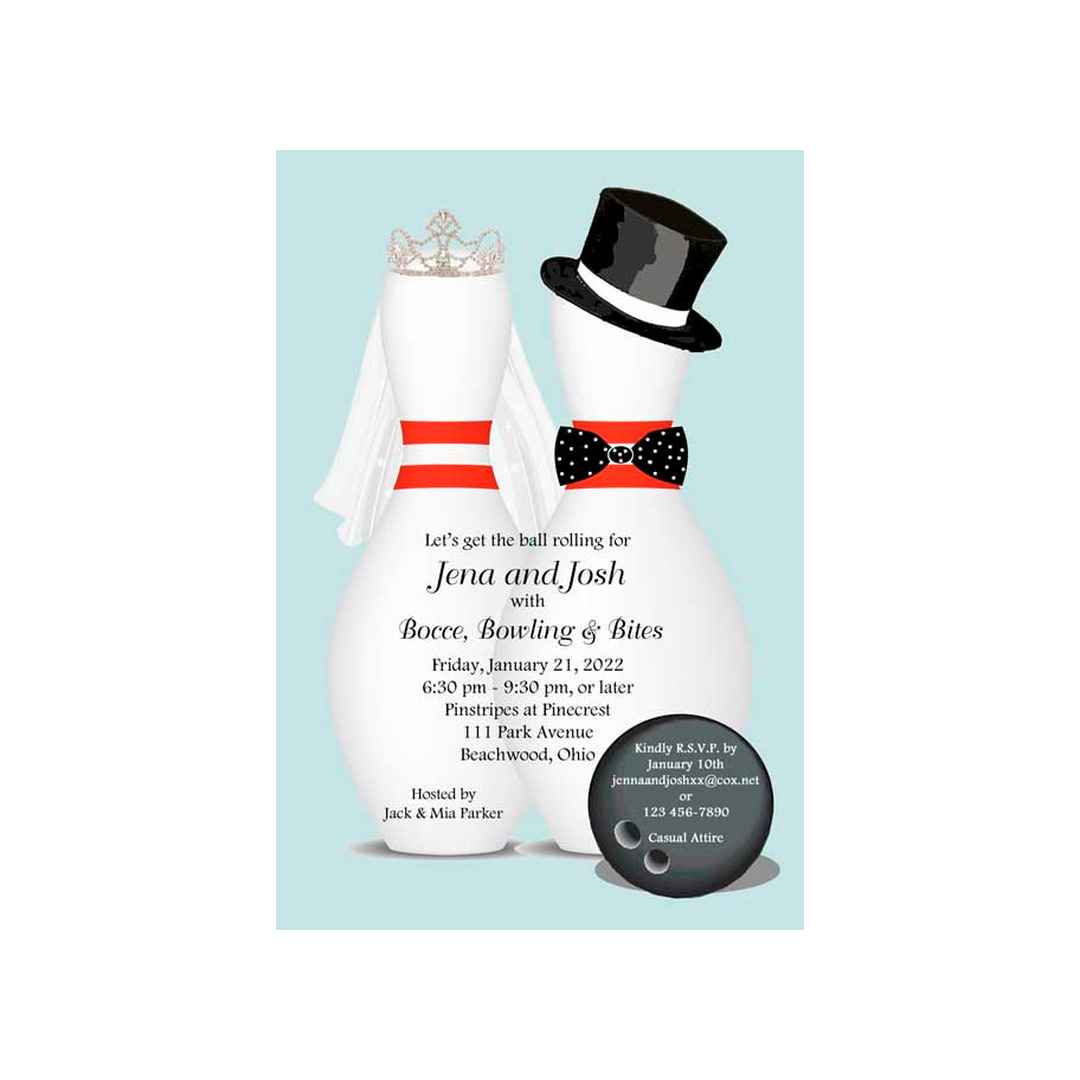 BRIDE AND GROOM BOWLING PINS-2 CUSTOM INVITATION