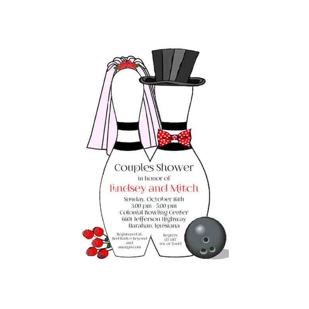 BRIDE AND GROOM BOWLING PINS CUSTOM INVITATION