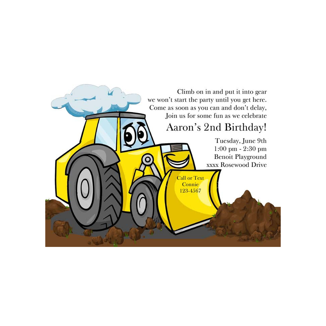 CARTOON BULLDOZER CUSTOM INVITATION