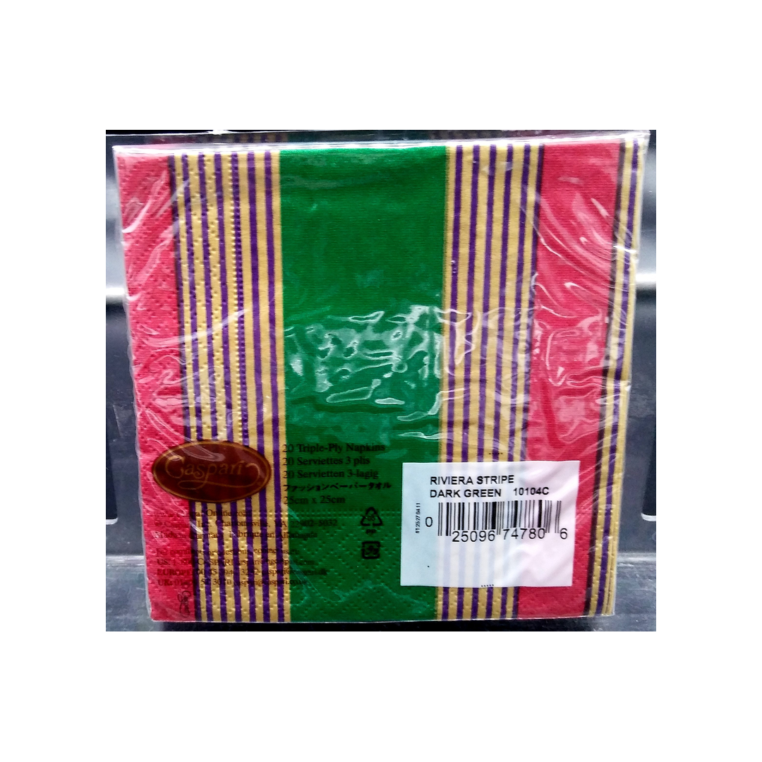 CASPARI RIVIERA STRIPE DARK GREEN PAPER BEVERAGE NAPKINS