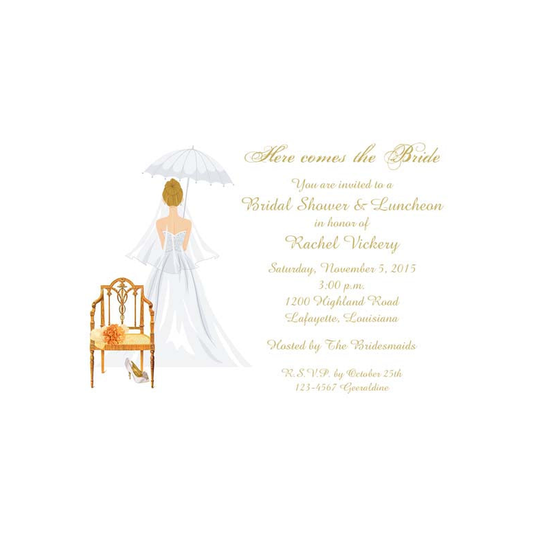 CHAIR WITH BRIDE'S SHOES AND BOUQUET CUSTOM INVITATION