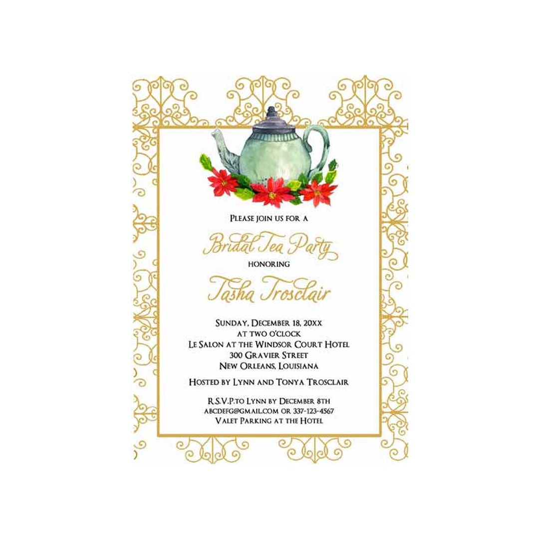 CHRISTMAS TEAPOT AND POINSETTIAS CUSTOM INVITATION