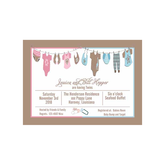 CLOTHES ON A LINE FOR TWINS CUSTOM INVITATION