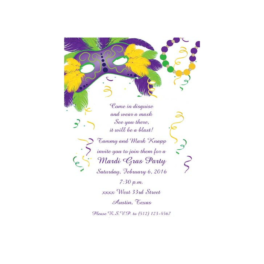 CORNER FEATHERED MARDI GRAS MASK CUSTOM INVITATION