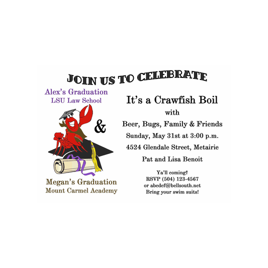 CRAWFISH ON CAP GRADUATION CUSTOM INVITATION