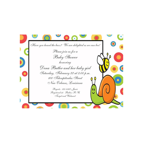 CUTE SNAIL AND BEE WITH DOTS CUSTOM INVITATION