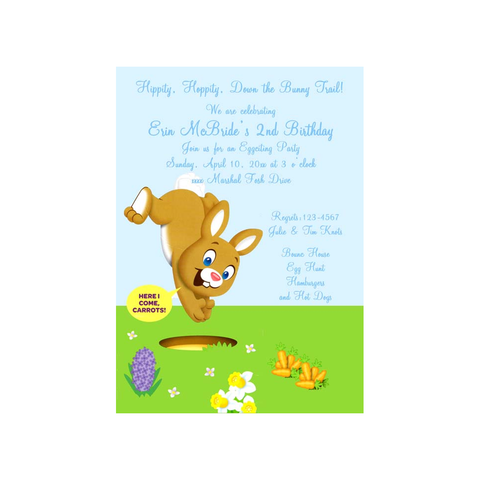 EASTER BUNNY JUMPING INTO A HOLE CUSTOM INVITATION