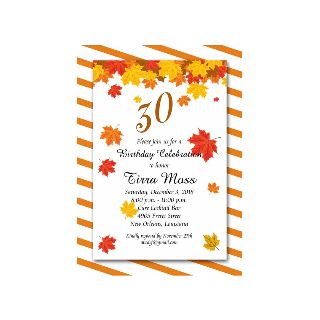 FALL LEAVES ON DIAGONAL STRIPE BACKGROUND CUSTOM INVITATION