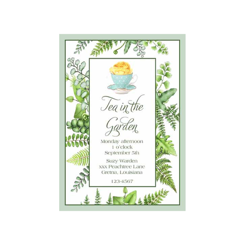 FERN GREENERY AND TEA CUP CUSTOM INVITATION