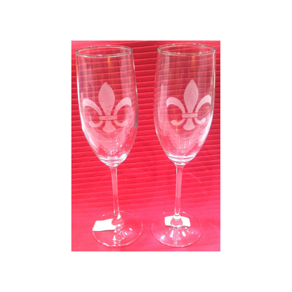 FLEUR DE LIS ETCHED PAIR CHAMPAGNE GLASSES
