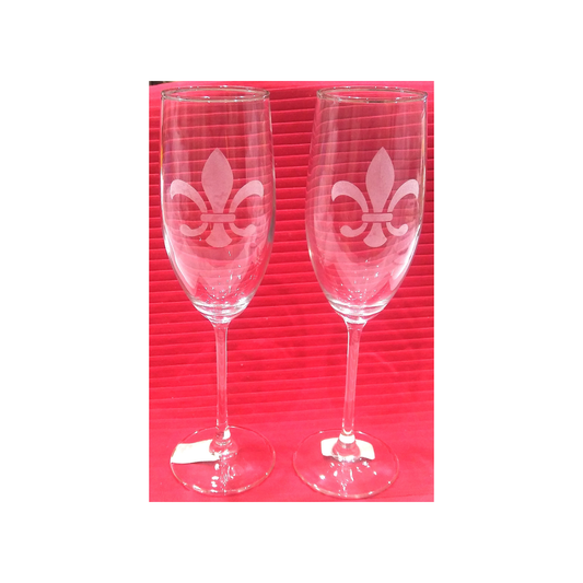 FLEUR DE LIS ETCHED PAIR CHAMPAGNE GLASSES