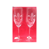 FLEUR DE LIS ETCHED PAIR CHAMPAGNE GLASSES