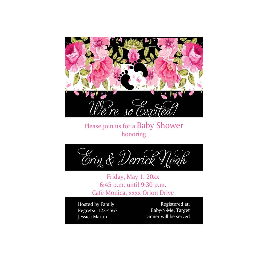 FOOTPRINTS WITH PINK FLOWERS AND BOLD STRIPES CUSTOM INVITATION