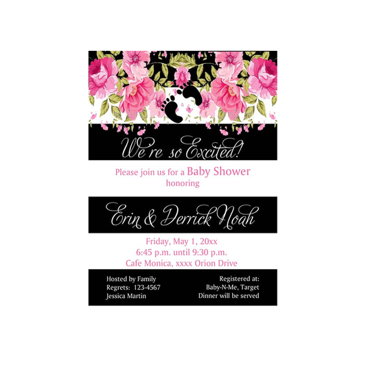 FOOTPRINTS WITH PINK FLOWERS AND BOLD STRIPES CUSTOM INVITATION
