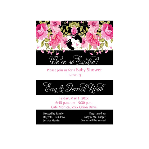 FOOTPRINTS WITH PINK FLOWERS AND BOLD STRIPES CUSTOM INVITATION
