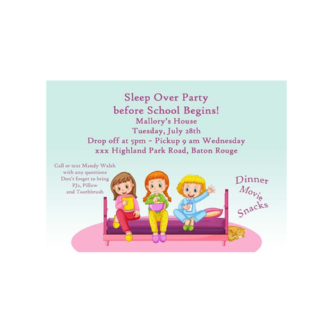 GIRLS SLEEPOVER CUSTOM INVITATION