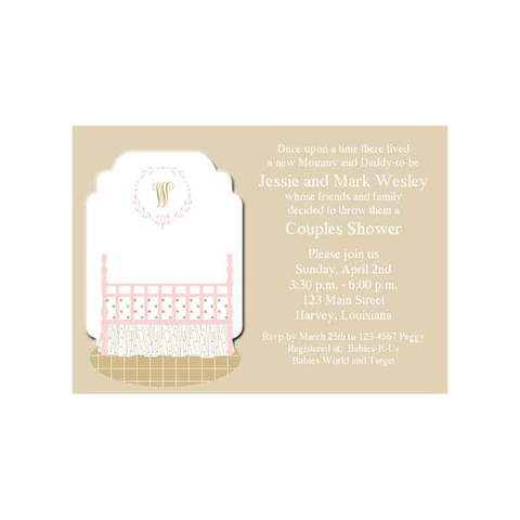 GIRL'S BABY BED WITH MONOGRAM CUSTOM INVITATION