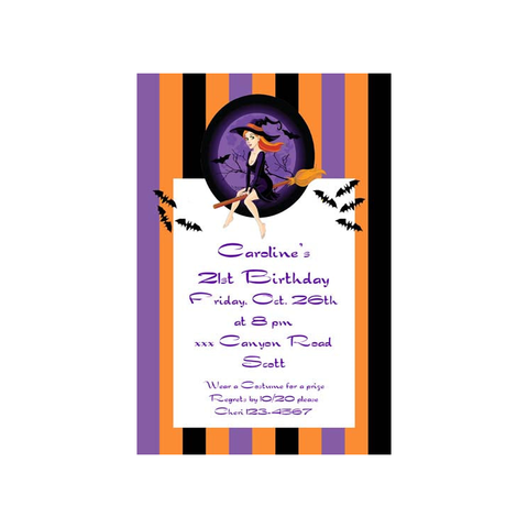 GIRL WITCH FLYING ON BROOM CUSTOM INVITATION