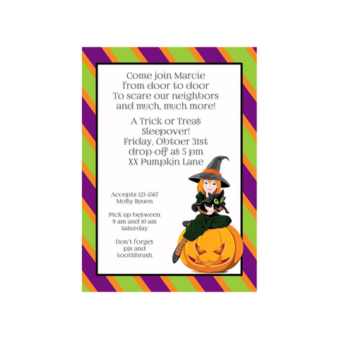 GIRL WITCH ON PUMPKIN CUSTOM INVITATION