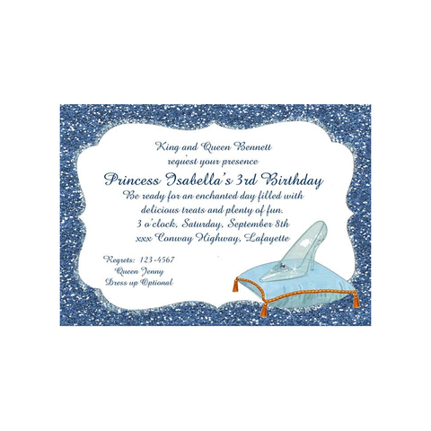 GLASS SLIPPER ON PILLOW AND GLITTER CUSTOM INVITATION