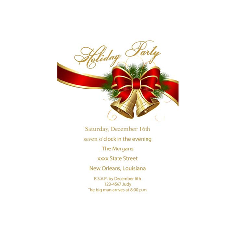 GOLD AND RED RIBBON AND GOLD CHRISTMAS BELLS CUSTOM INVITATION