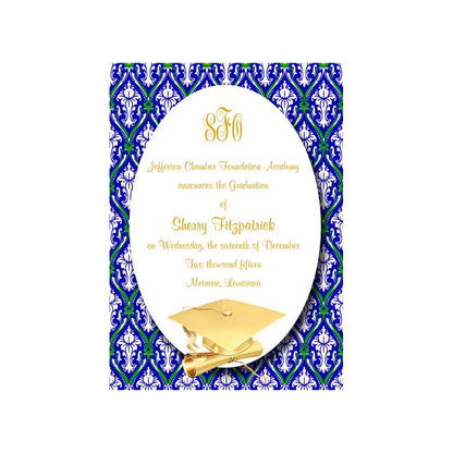 GOLD GRADUATION CAP AND FLORAL BACKGROUND CUSTOM INVITATION