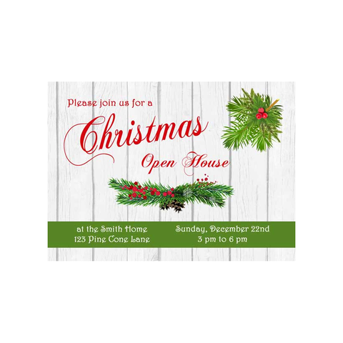 HOLLY, PINE AND BARN WOOD BACKGROUND CUSTOM INVITATION