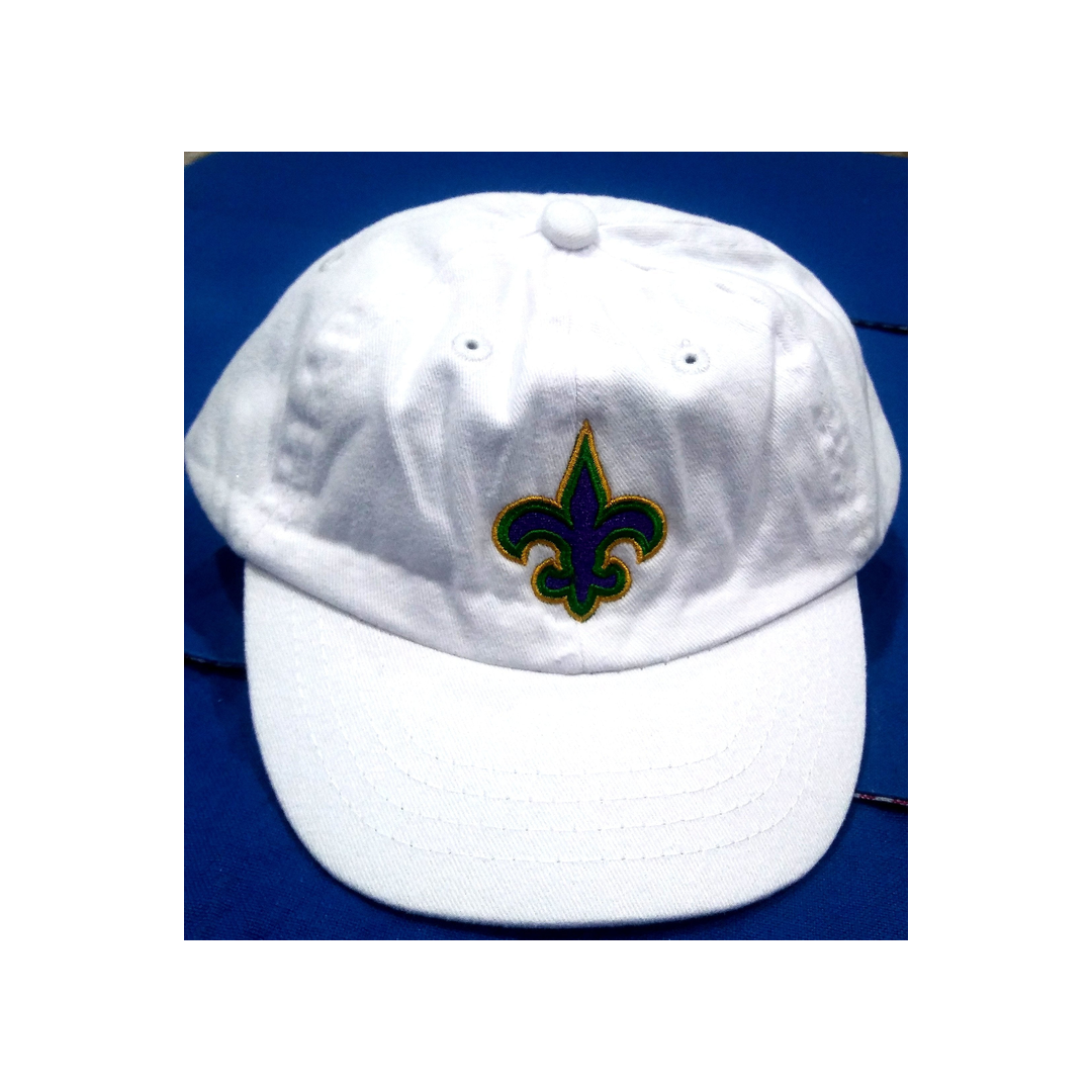 INFANT WHITE CAP WITH MARDI GRAS COLOR FLEUR DE LIS