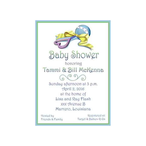 LARGE BLUE BABY RATTLE CUSTOM INVITATION