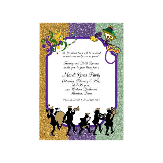 MARDI GRAS 2ND LINE WITH GLITTER CUSTOM INVITATION