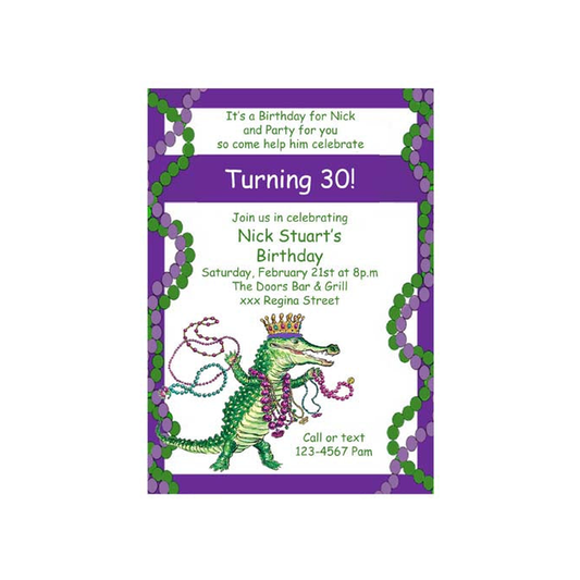 MARDI GRAS ALLIGATOR WITH BEAD BORDER CUSTOM INVITATION