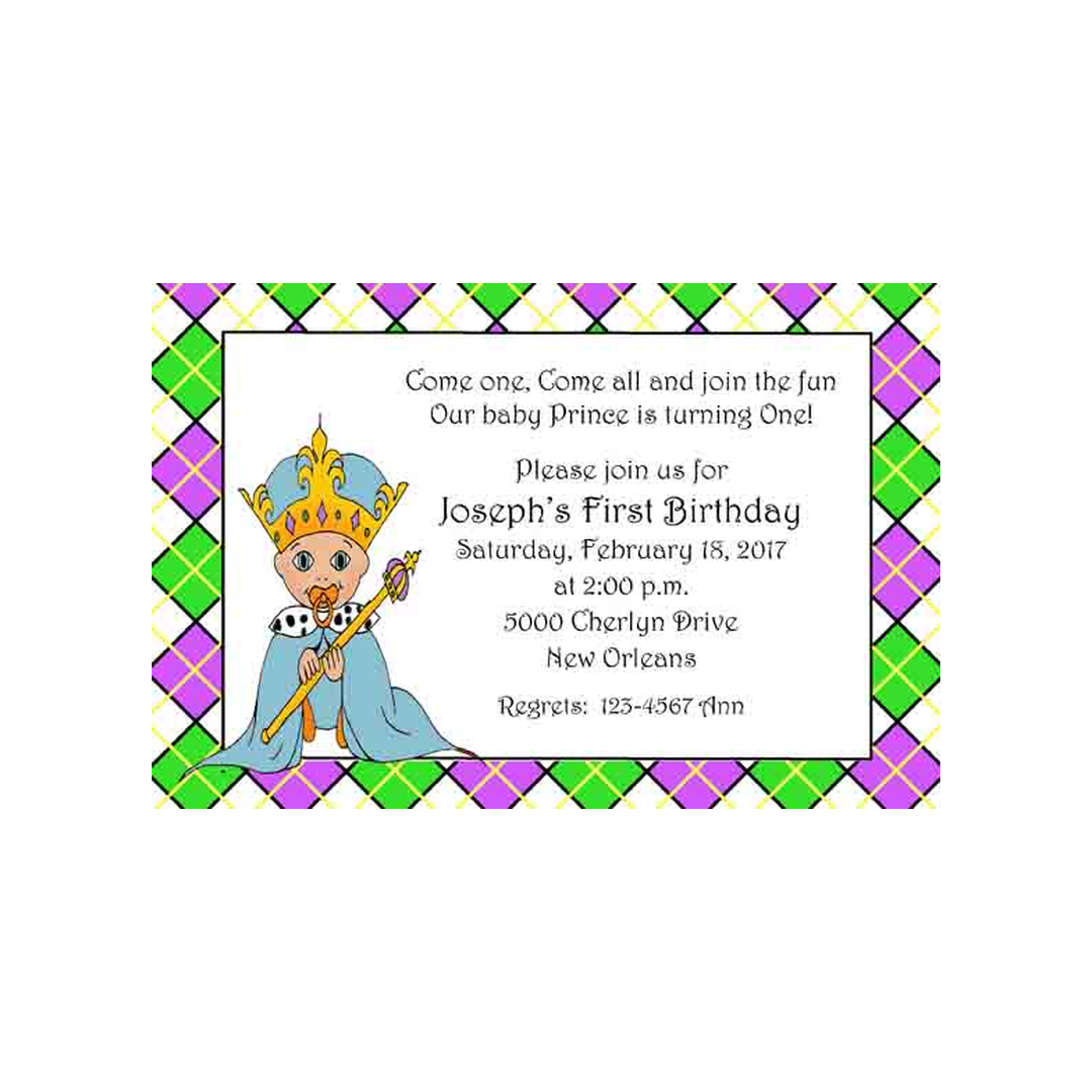 MARDI GRAS ARGYLE PRINCE-PRINCESS BABY CUSTOM INVITATION